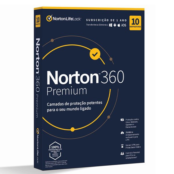Anti-Vírus NORTON 360 Premium 10 Dispositivos 1 Ano